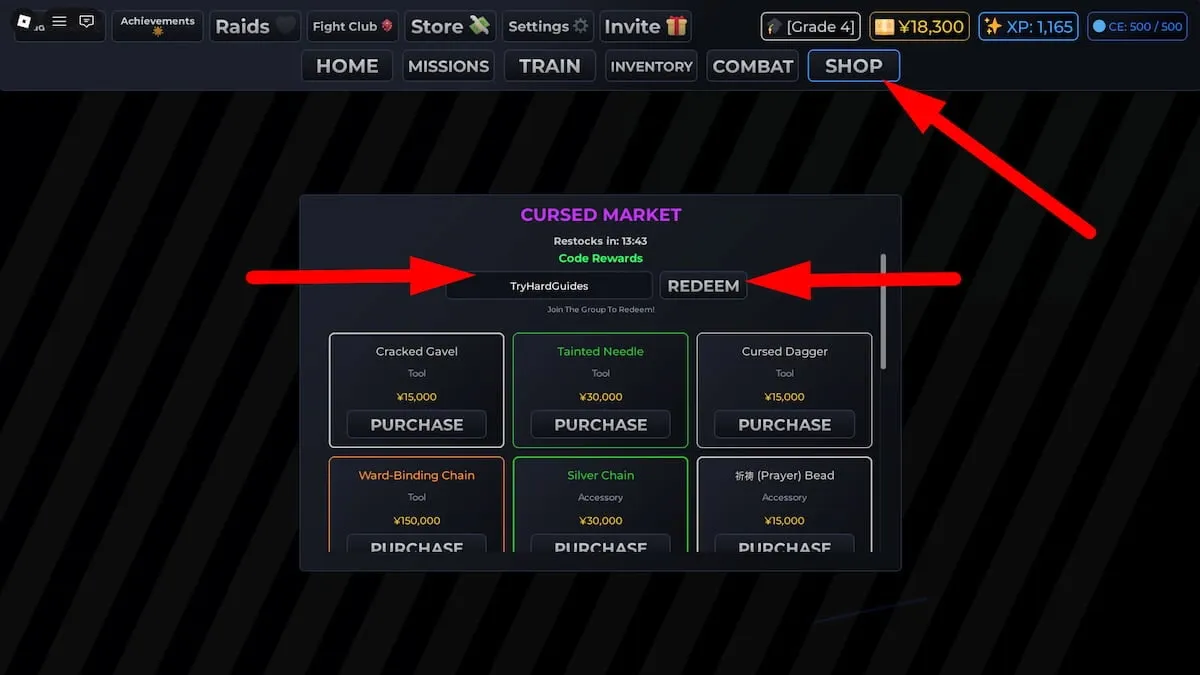How to redeem codes in Jujutsu Kaisen Incremental Roblox showing the SHOP button and code entry interface
