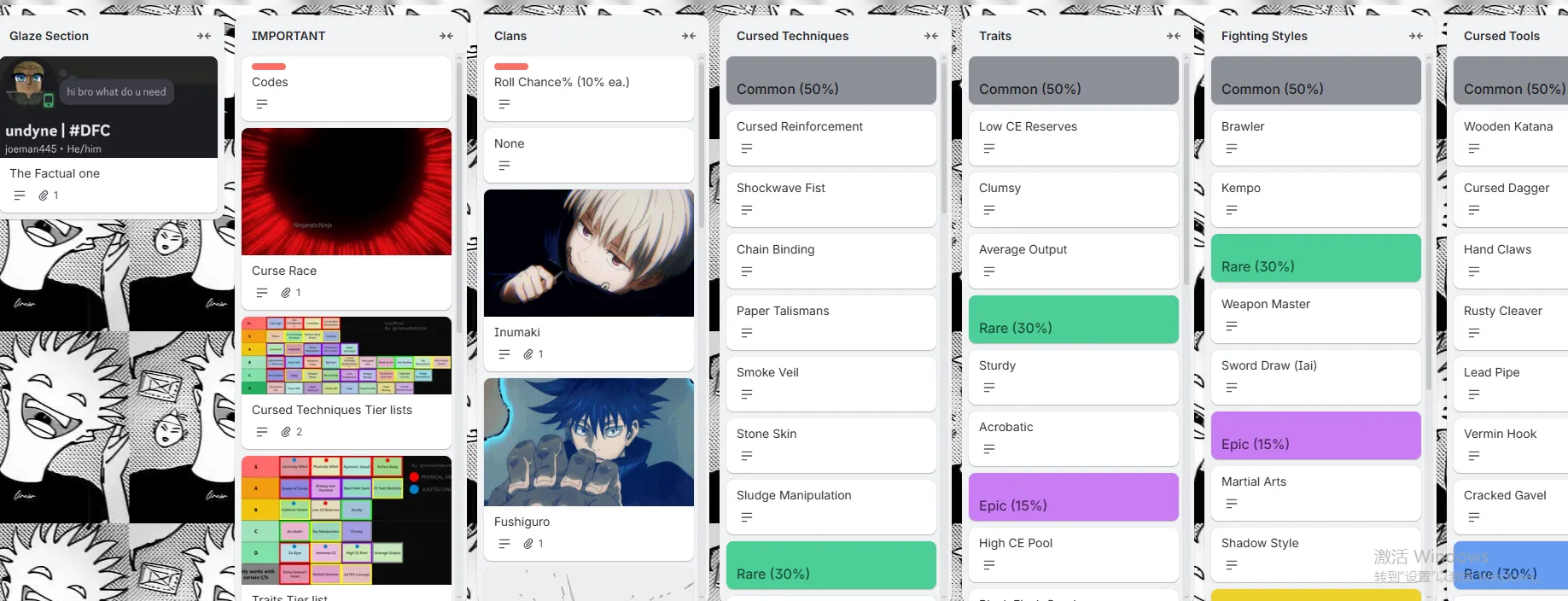 Official Jujutsu Kaisen Incremental Trello board showing all game lists including Cursed Techniques, Clans, Bosses and more